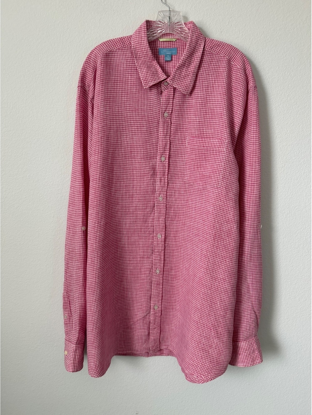Toscano Aqua Long Sleeve Button Up Pink/White Check 100% Linen Shirt Size XXL